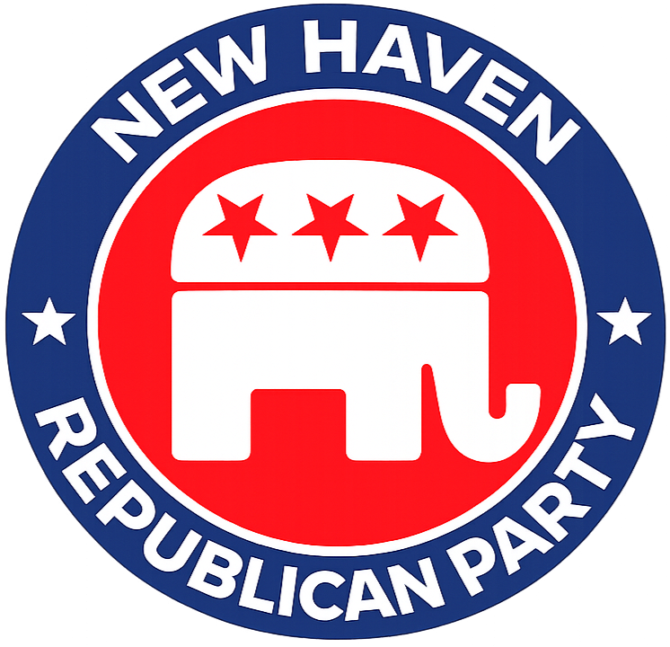 A circular emblem with a blue outer ring and red inner background. The outer ring reads 'NEW HAVEN REPUBLICAN PARTY' in white text. The inner circle features a white elephant with three red stars on its back.