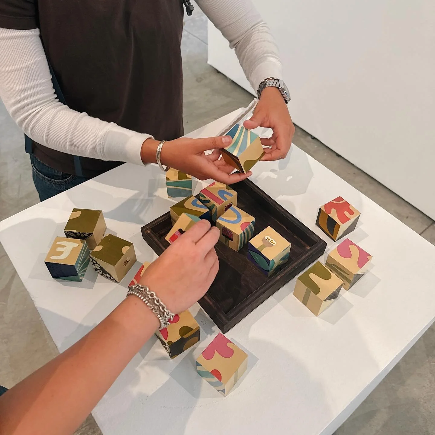 Block Puzzle

This interactive piece invites the viewer to solve or create their own environments using painted wooden blocks. Each side of the block creates a new environment. Though each cube has six sides, creating six possible solutions, the view