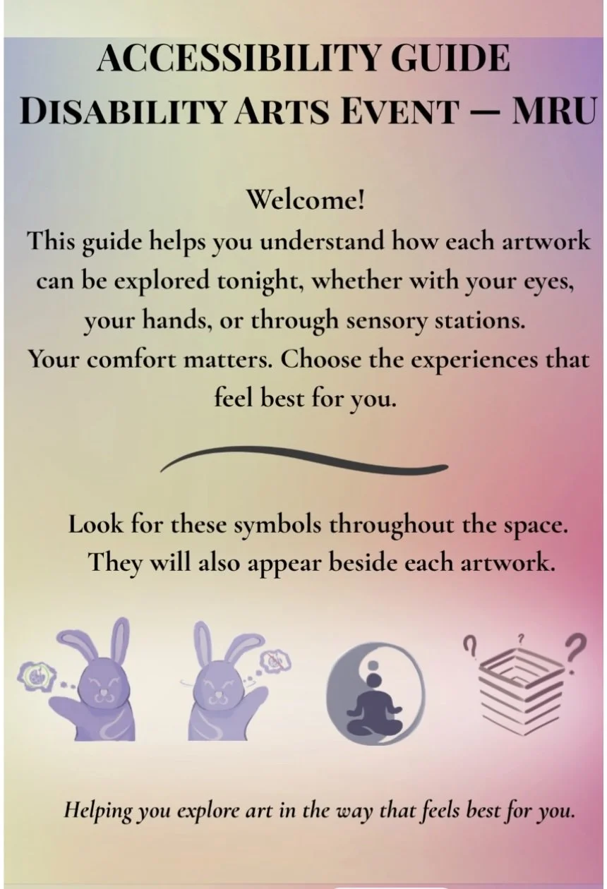 The first page of the Accessibility Guide welcomes participants and explains that symbols will help to facilitate how everyone can engage with the artwork.