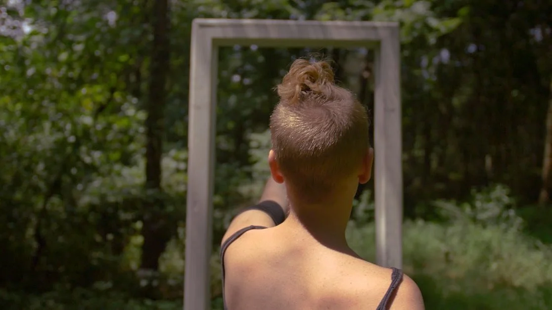 Film still of a white person with a partially shaved head and reddish top-knot reaches toward a door frame, a kind of portal, which has emerged suddenly in a forest (trees and grasses in the backdrop, behind the person reaching toward the portal).