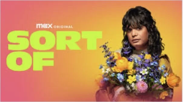 An advertisement for Sort Of shows the star and creator holding a bright bouquet of flowers.