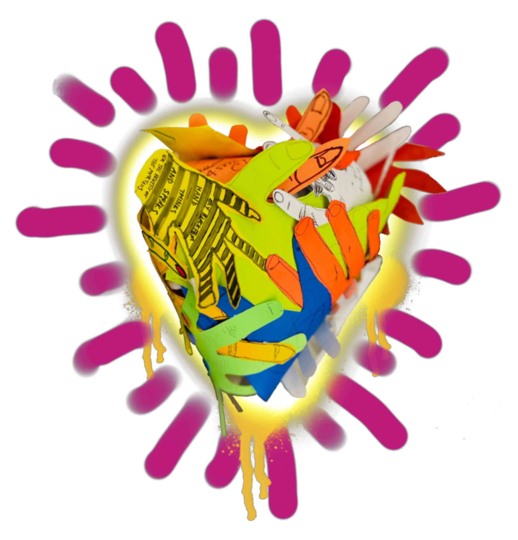 A digital illustration by Bailey Szustak depicts a bright heart that is made up of intersecting paper hands. Pink lines surround the heart.
