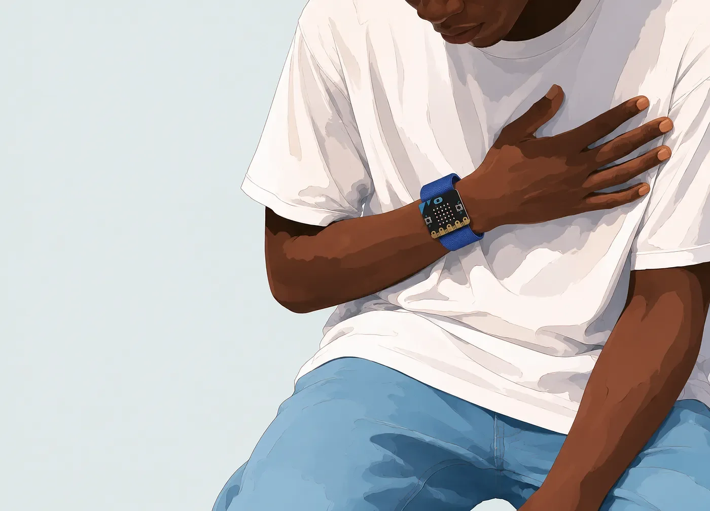 Pattin’ Juba while wearing a micro:bit and generative AI wristband (a Black person in a white t-shirt places their right hand roughly over their heart, wearing a micro:bit wrist band).