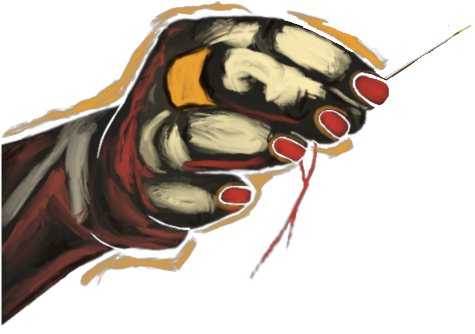 A digital illustration by Bailey Szustak depicts a hand with bright red nails that is holding a needle and thread.