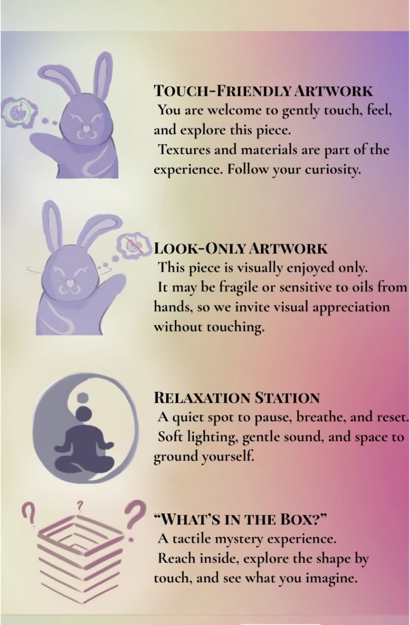 The second page of the Accessibility Guide lays out four symbols:  touch-friendly artwork, look-only artwork, relaxation station, and an activity called What's In the Box?