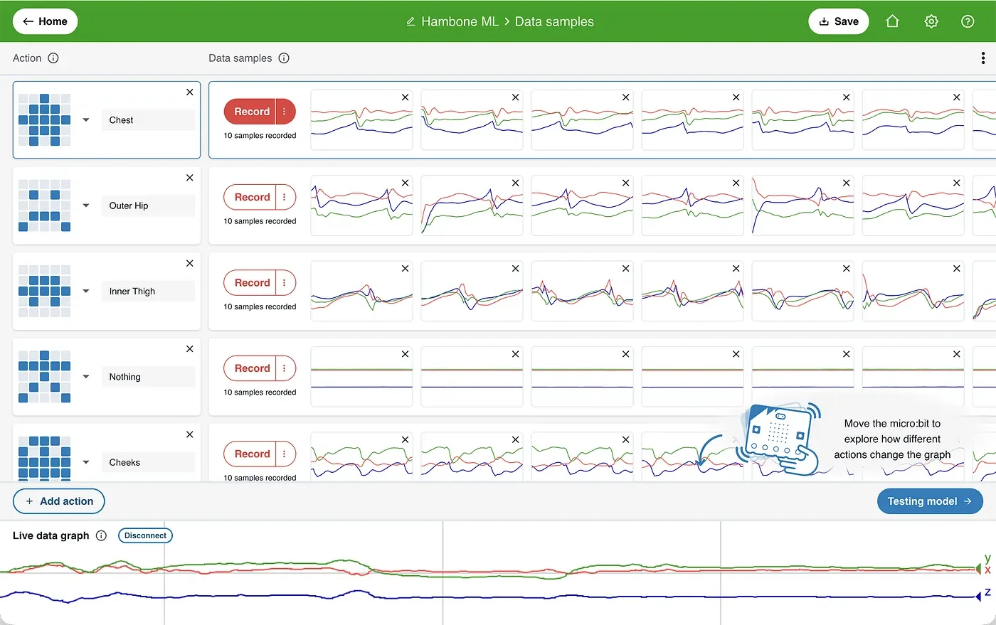 Use CreateAI to record movement as data samples.
