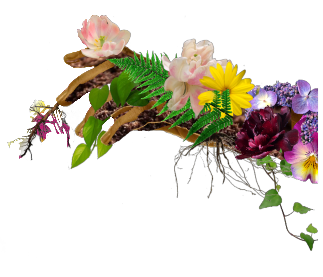 A digital illustration by Bailey Szustak depicts a hand that is covered with flowers, leaves and vines.  The colours are bright and vibrant.