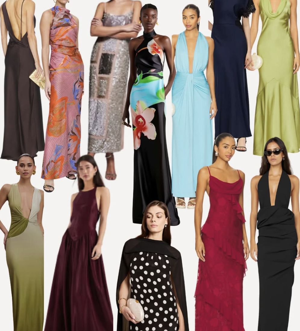 Multiple models wearing elegant evening gowns in various colors and styles, posing against a plain background.