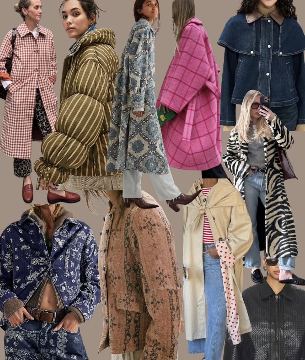 A collage of women in various colorful and patterned fashion coats and jackets, showcasing different styles and fabrics.