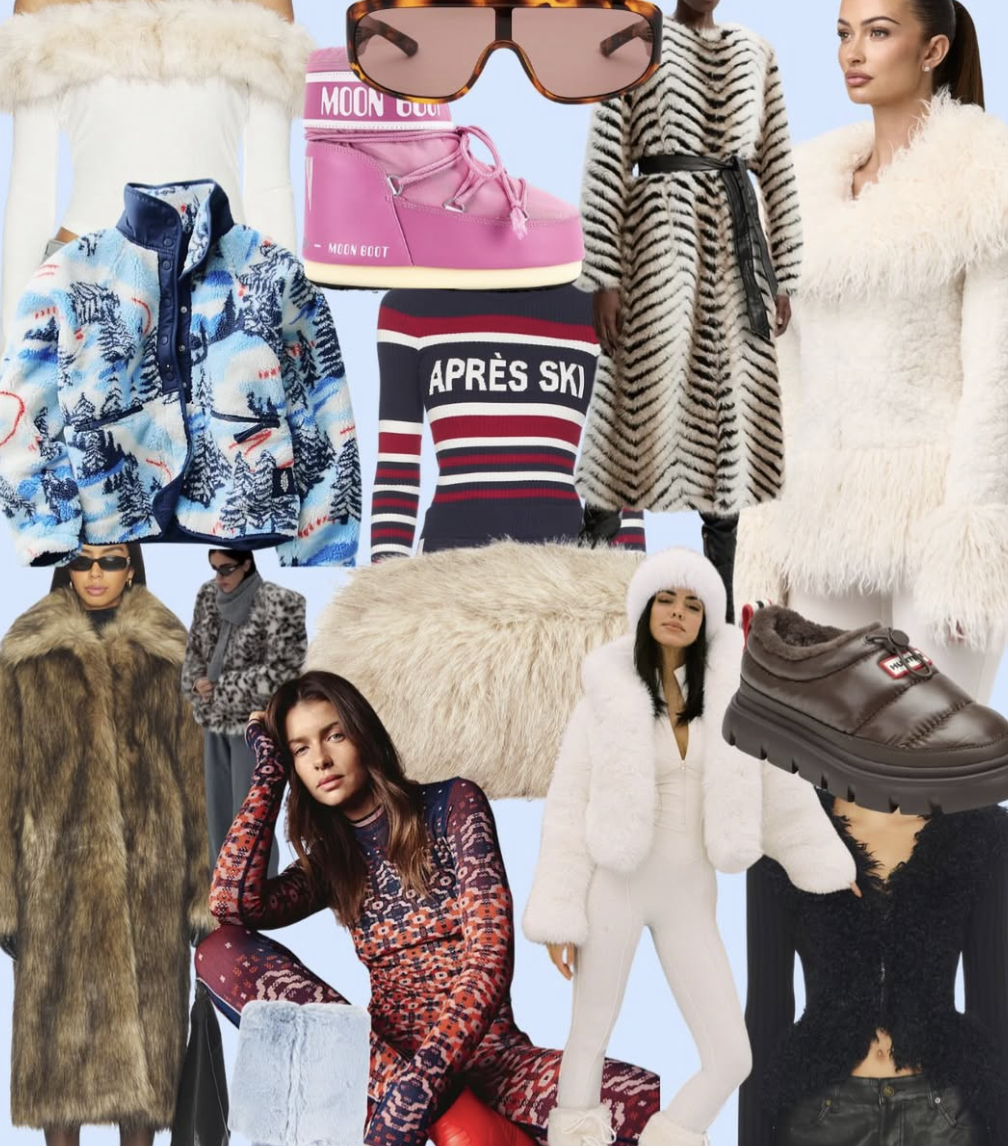 Fashion collage featuring winter clothing and accessories, including fur coats, striped sweaters, graphic prints, boots, sunglasses, and models posing in stylish winter outfits.