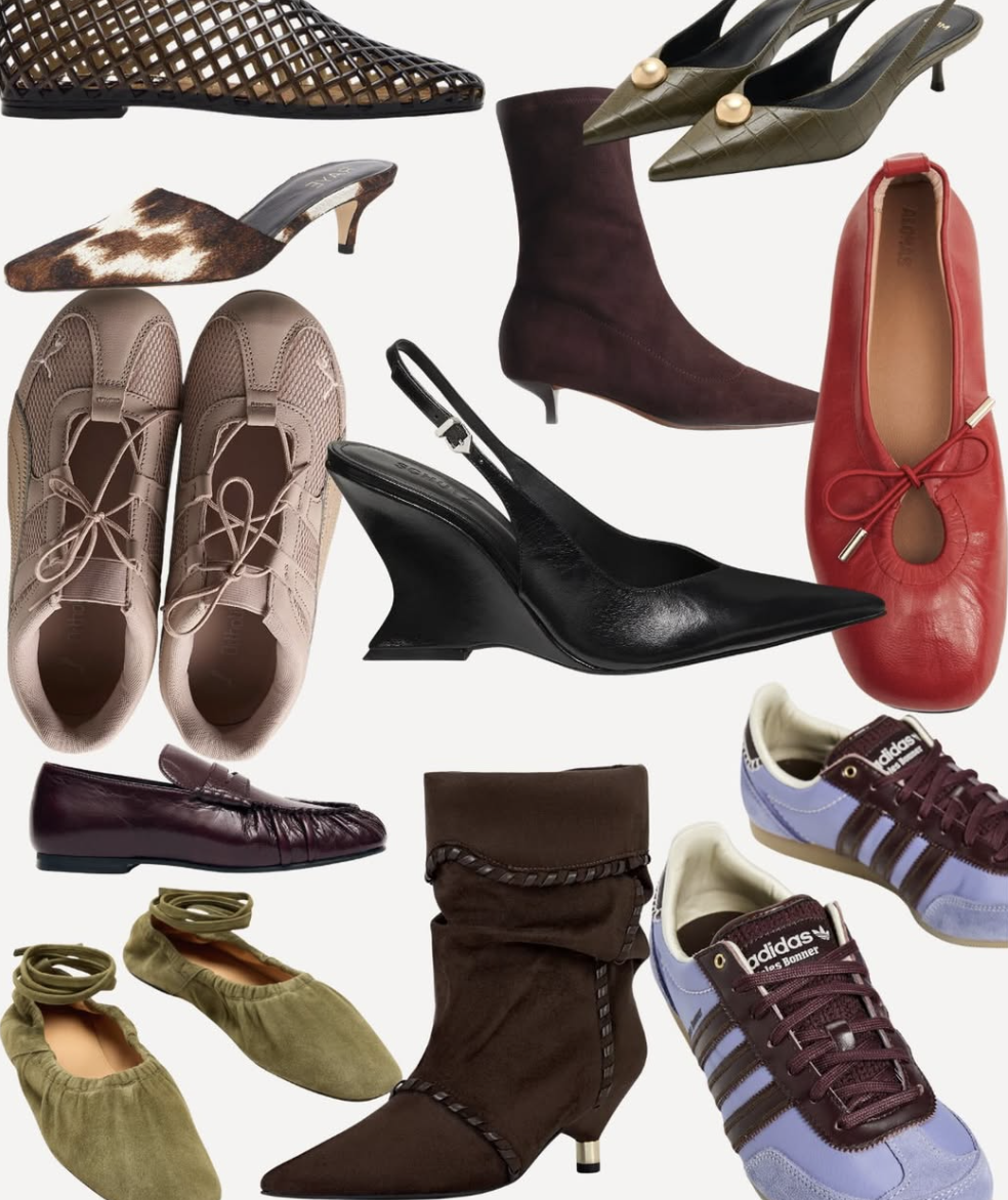 A collection of various shoes including high heels, flats, sneakers, and boots in different colors and styles.