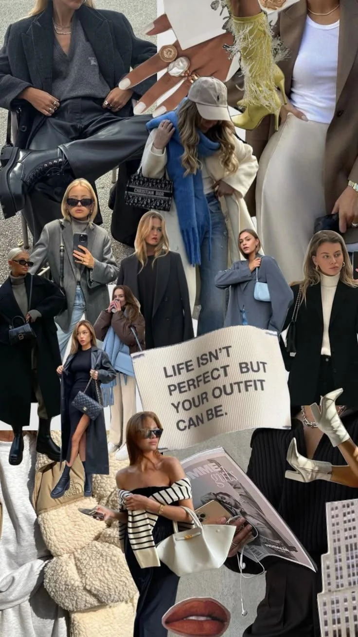 A collage of women in fashionable outfits at a fashion event, with some holding bags, phones, and magazines. One woman is holding a sign that says, 'LIFE ISN'T PERFECT BUT YOUR OUTFIT CAN BE.' The collage includes close-up images of large rings and hands with white nails, and some women are wearing sunglasses and coats.