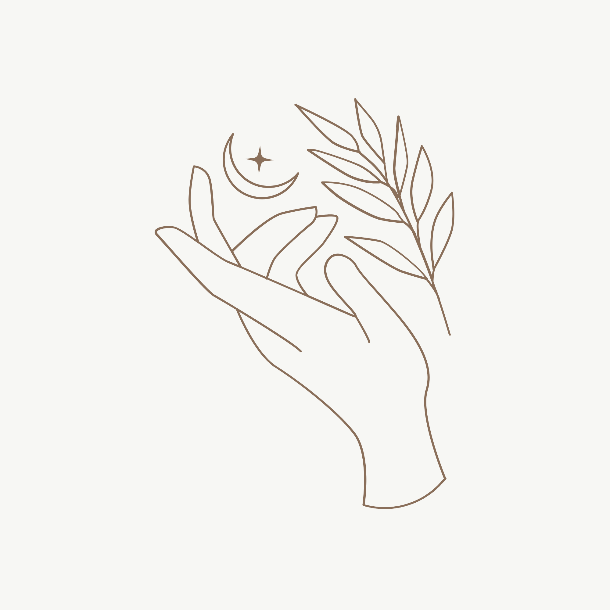 Minimalist line drawing of a hand holding a branch with leaves, with a crescent moon and star above it on a light background.