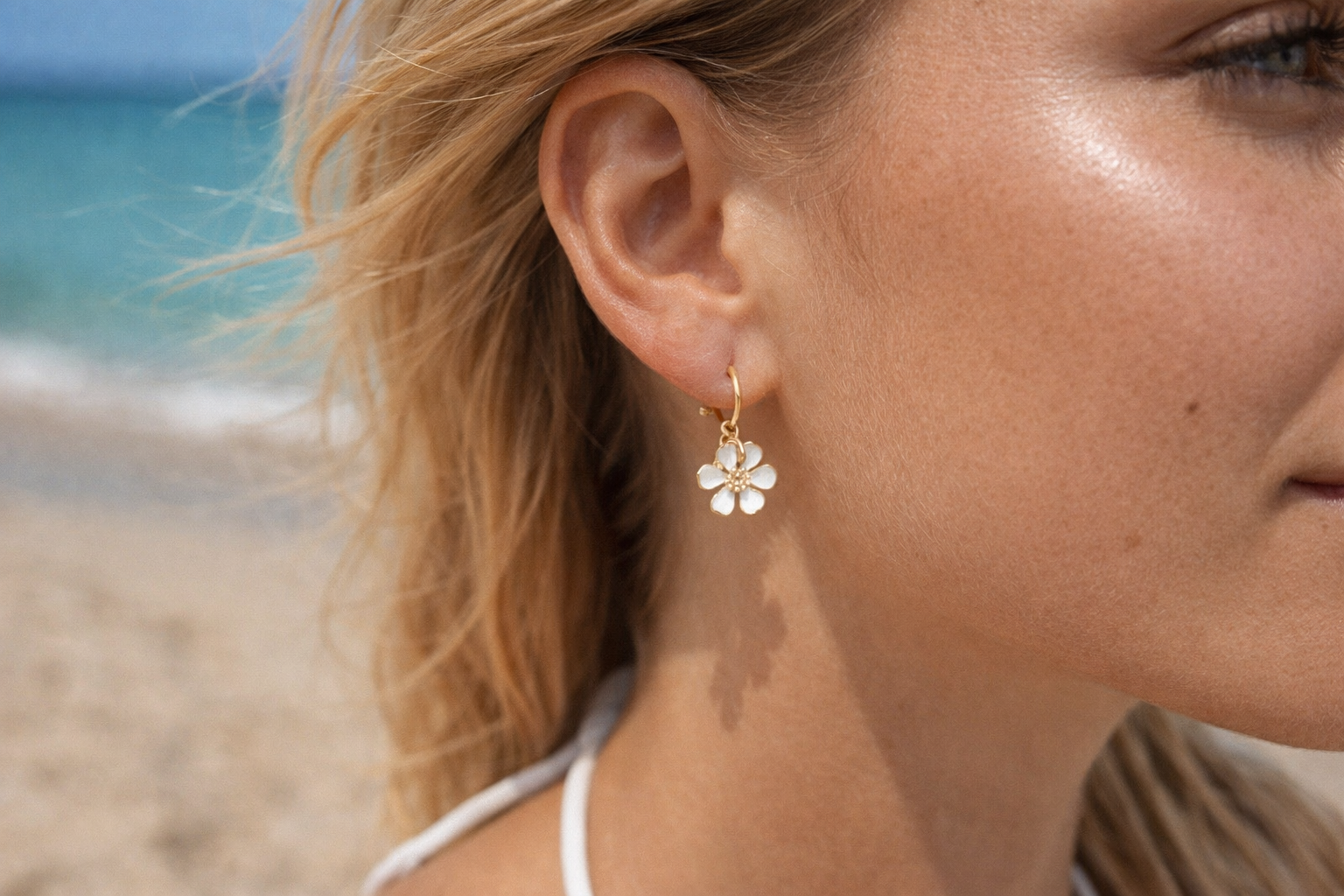 Daisy White Enamel Hook Earrings