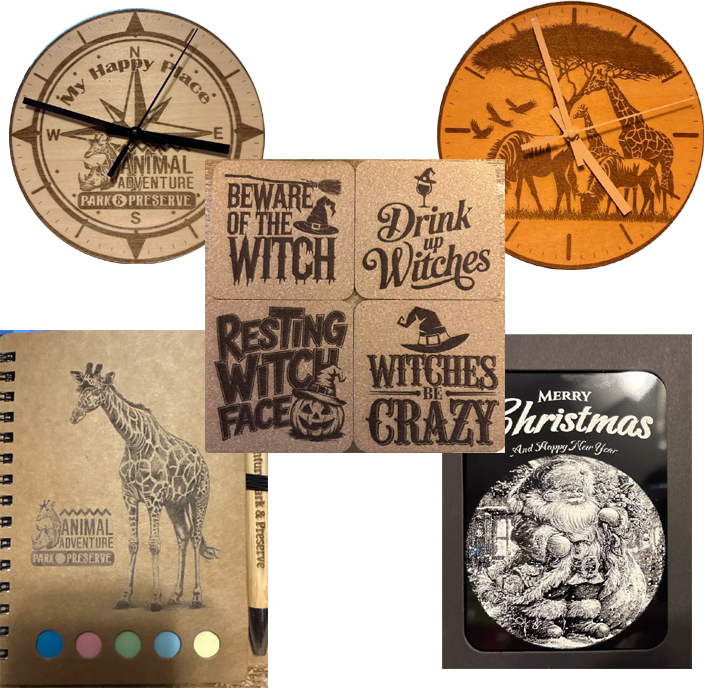 Collection of animal-themed clocks and stationery with jungle and Christmas motifs, featuring a giraffe drawing, and humorous Halloween-style signs.
