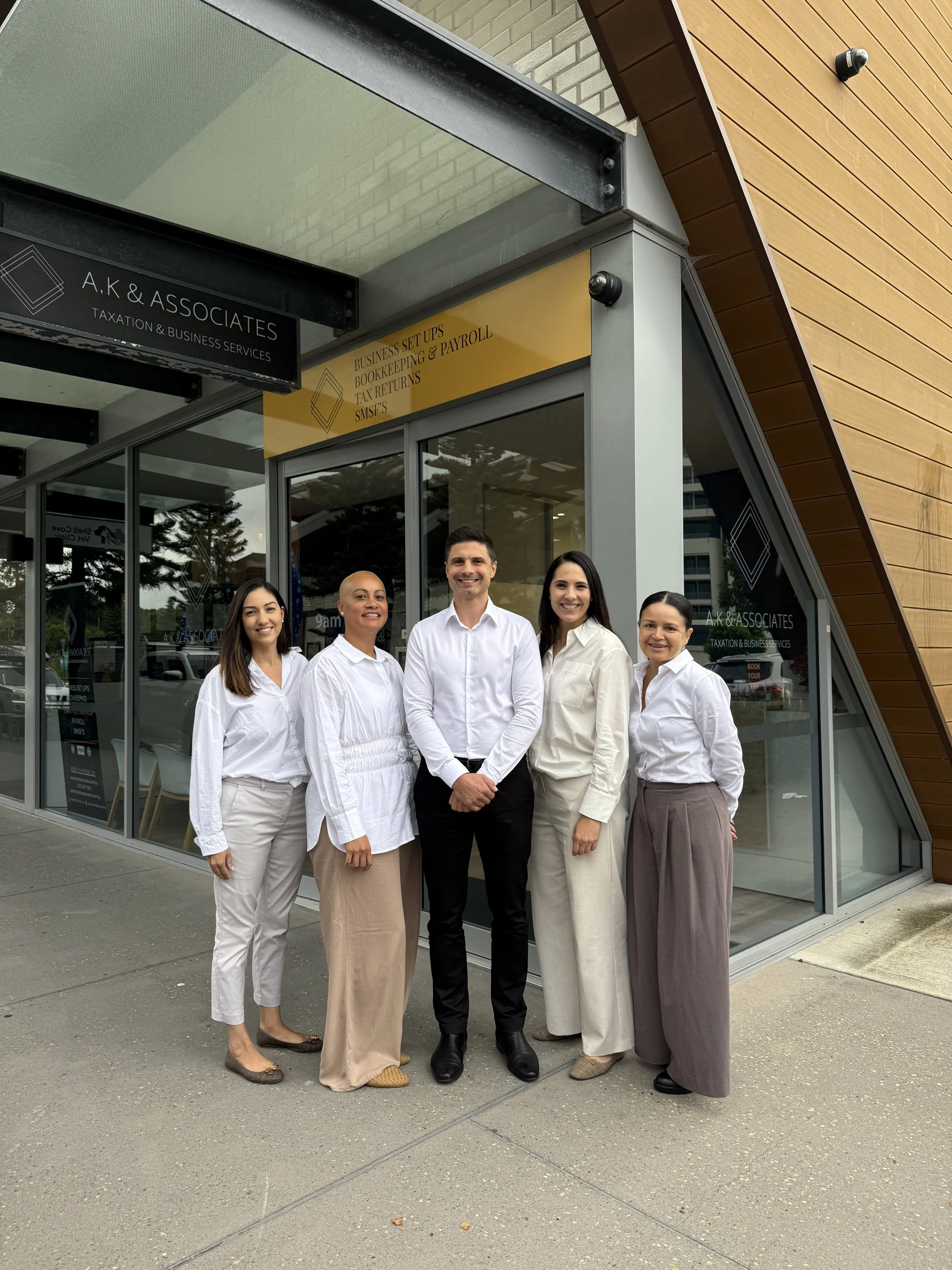 Group of five diverse business professionals smiling and standing outside a modern building with glass windows and wood paneling.