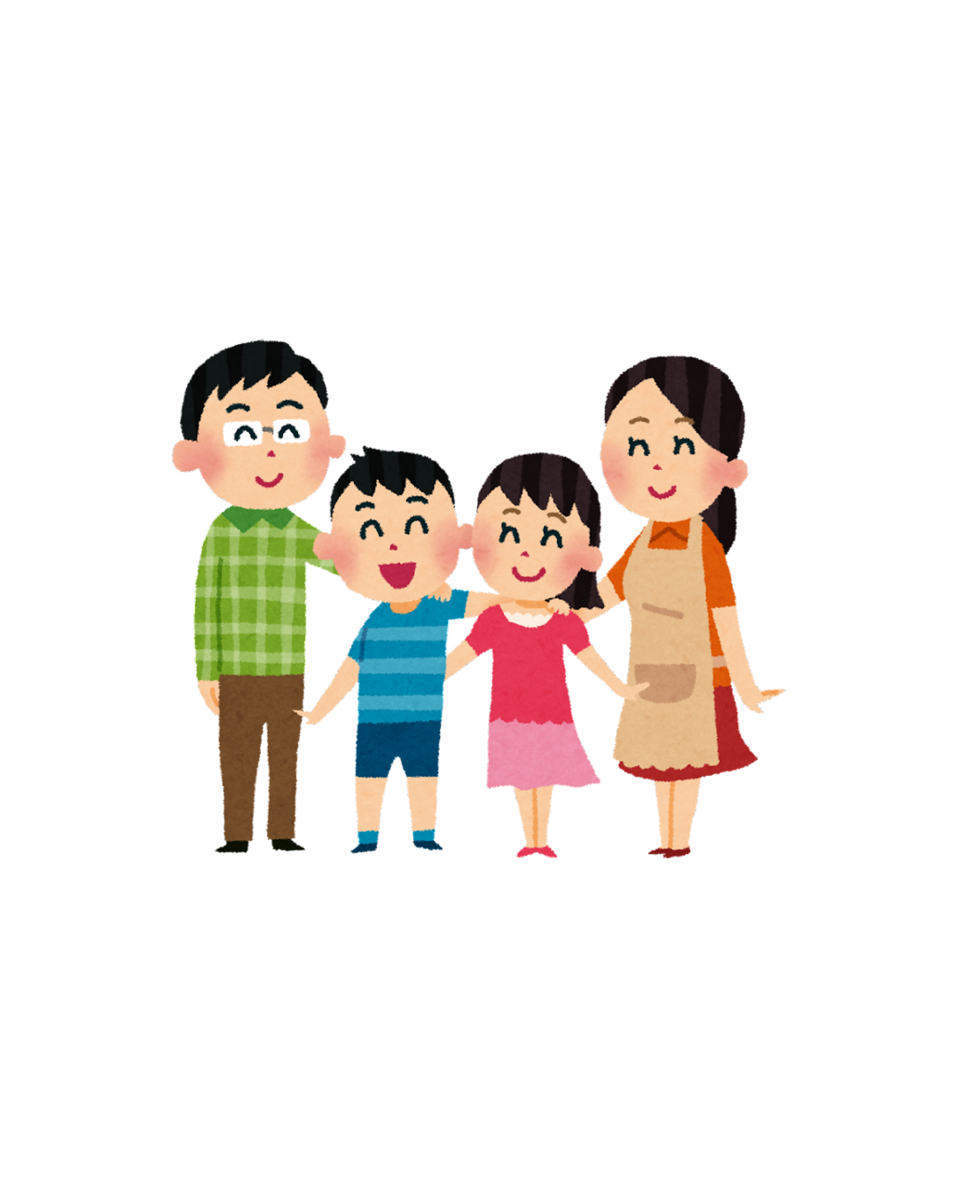 A cartoon illustration of a happy family of four, including father, mother, son, and daughter, standing together and smiling.