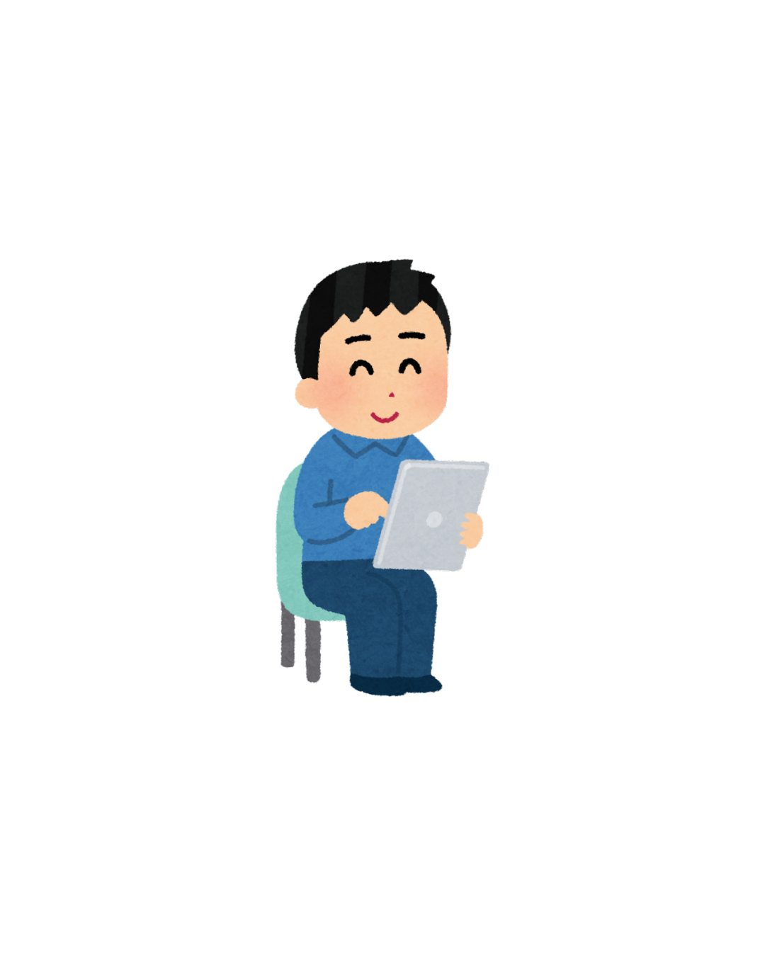 Cartoon boy sitting on a teal chair, holding a tablet and smiling.