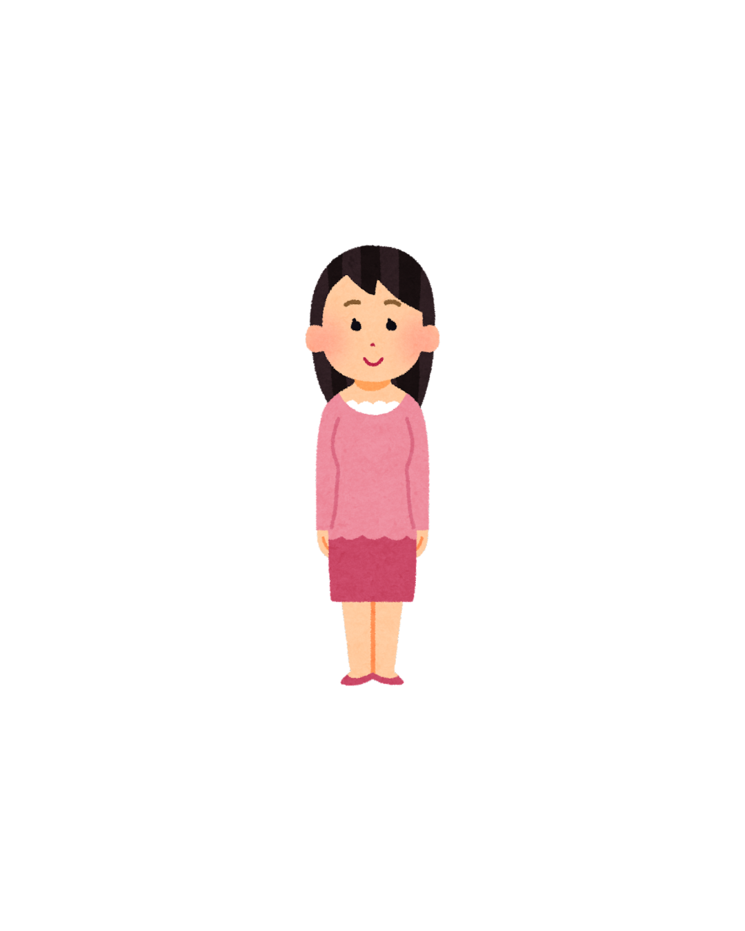 Cartoon of a woman in a pink dress standing and smiling.
