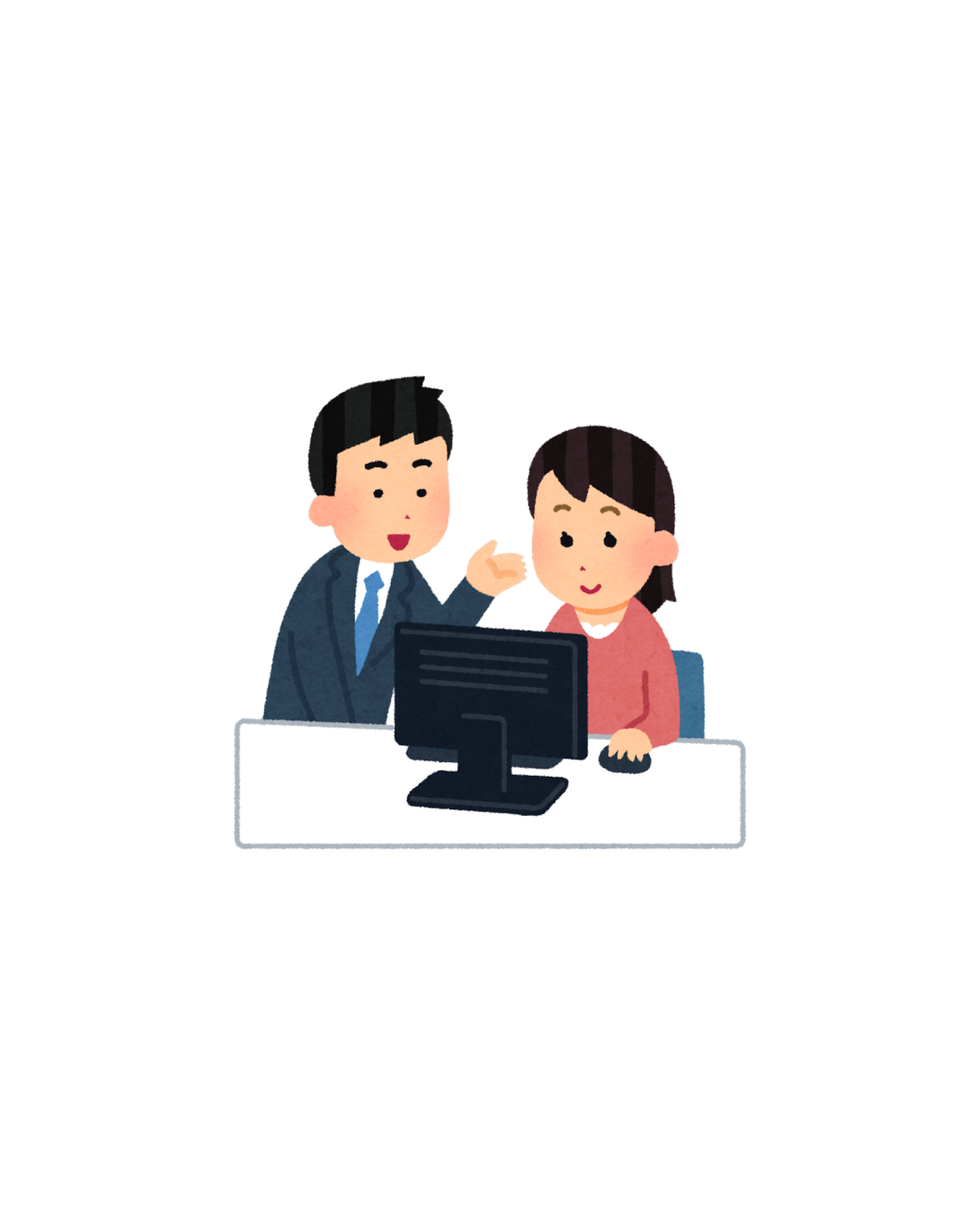 A man in a suit and a woman are sitting at a desk with a computer. The man is pointing at the screen and talking to the woman.