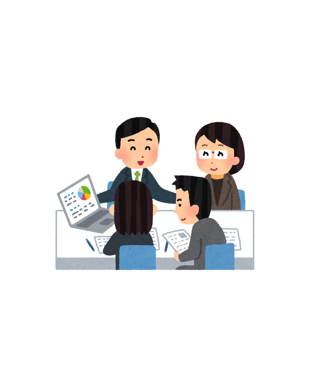 Four businesspeople having a meeting around a table with charts and documents, one presenting with a laptop.