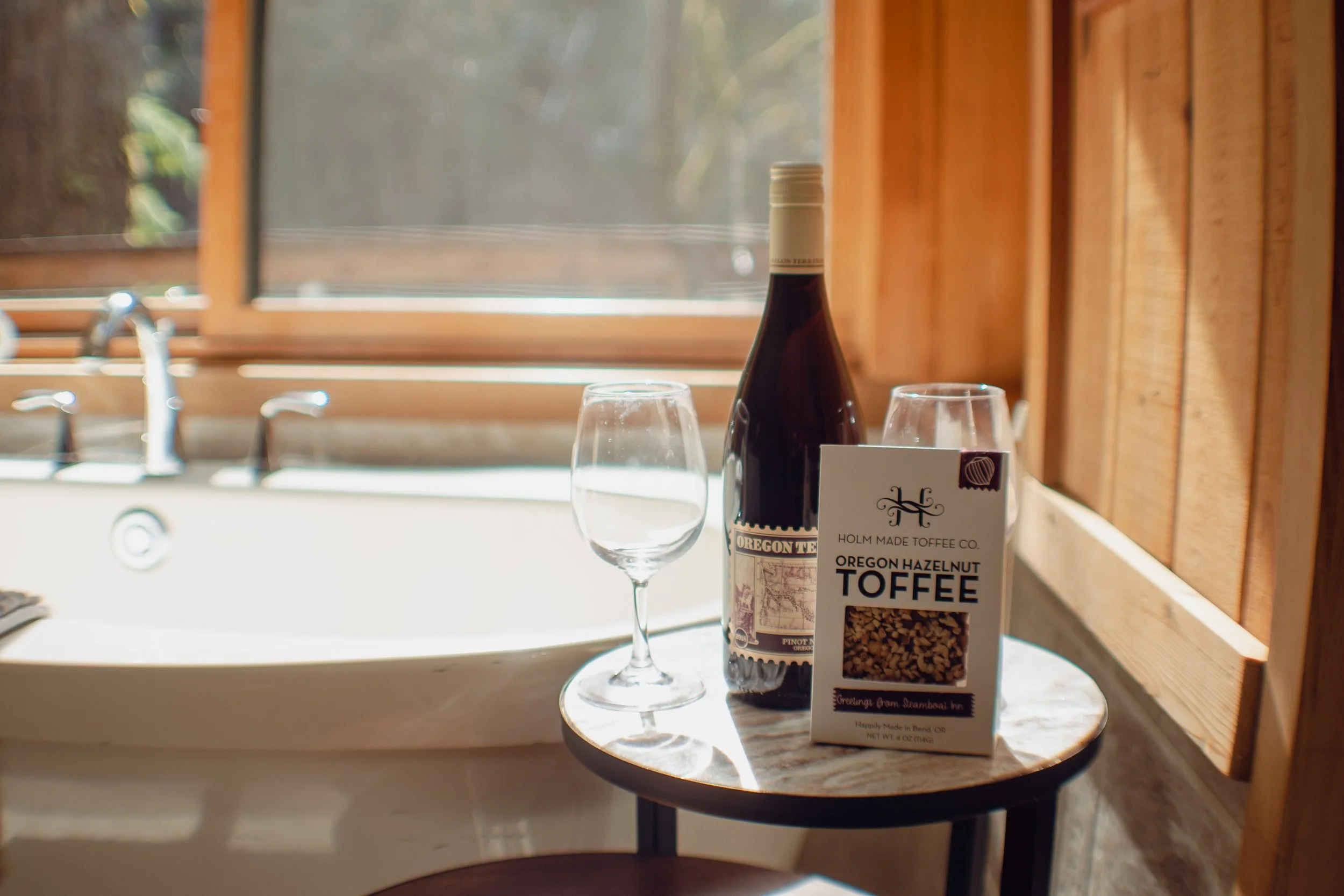 enjoy complementary oregon pinot noir wine and toffee