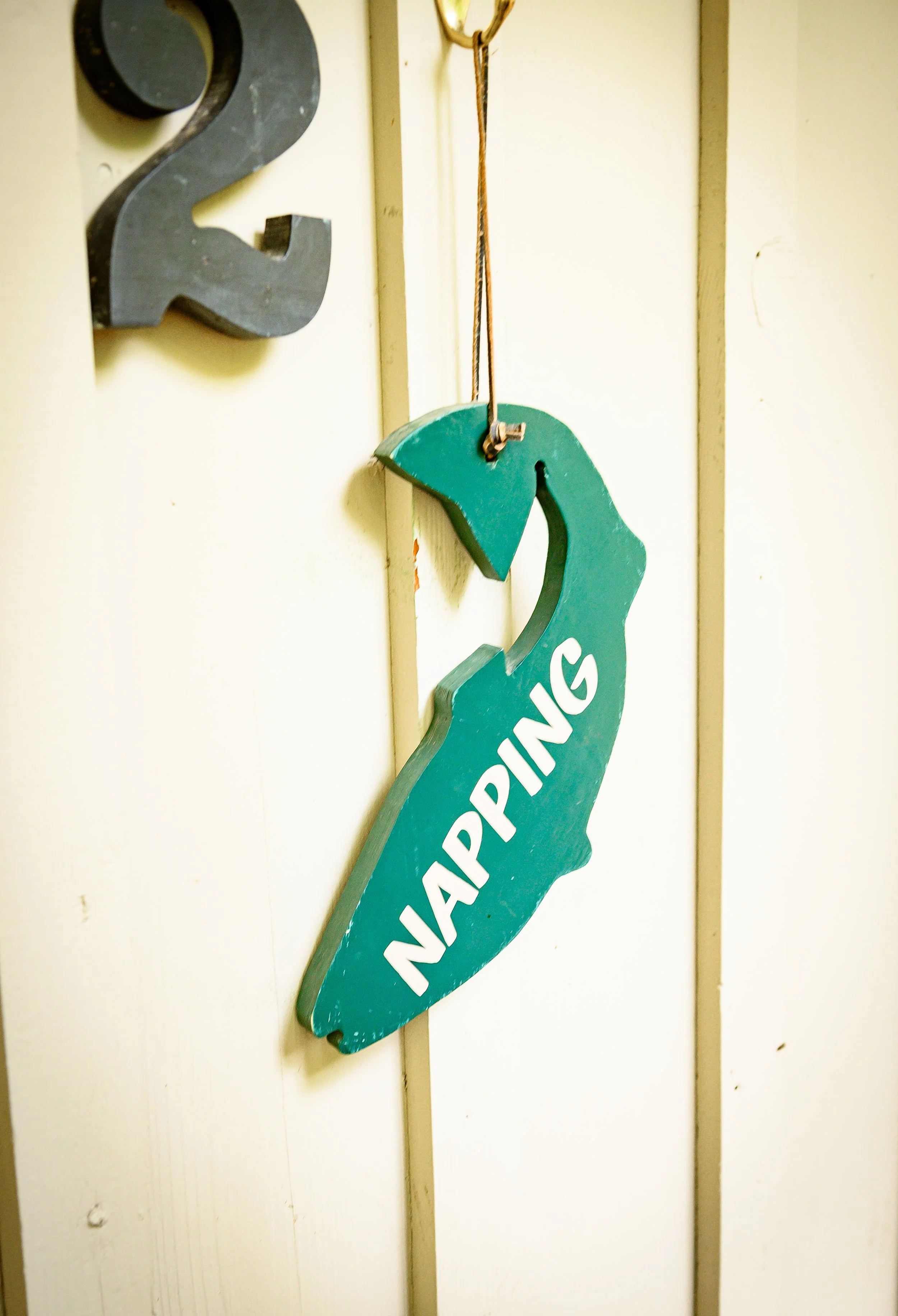 A decorative wooden seahorse sign painted green with the word "NAPPING" written in white, hanging on a wall with a metal hook and string.