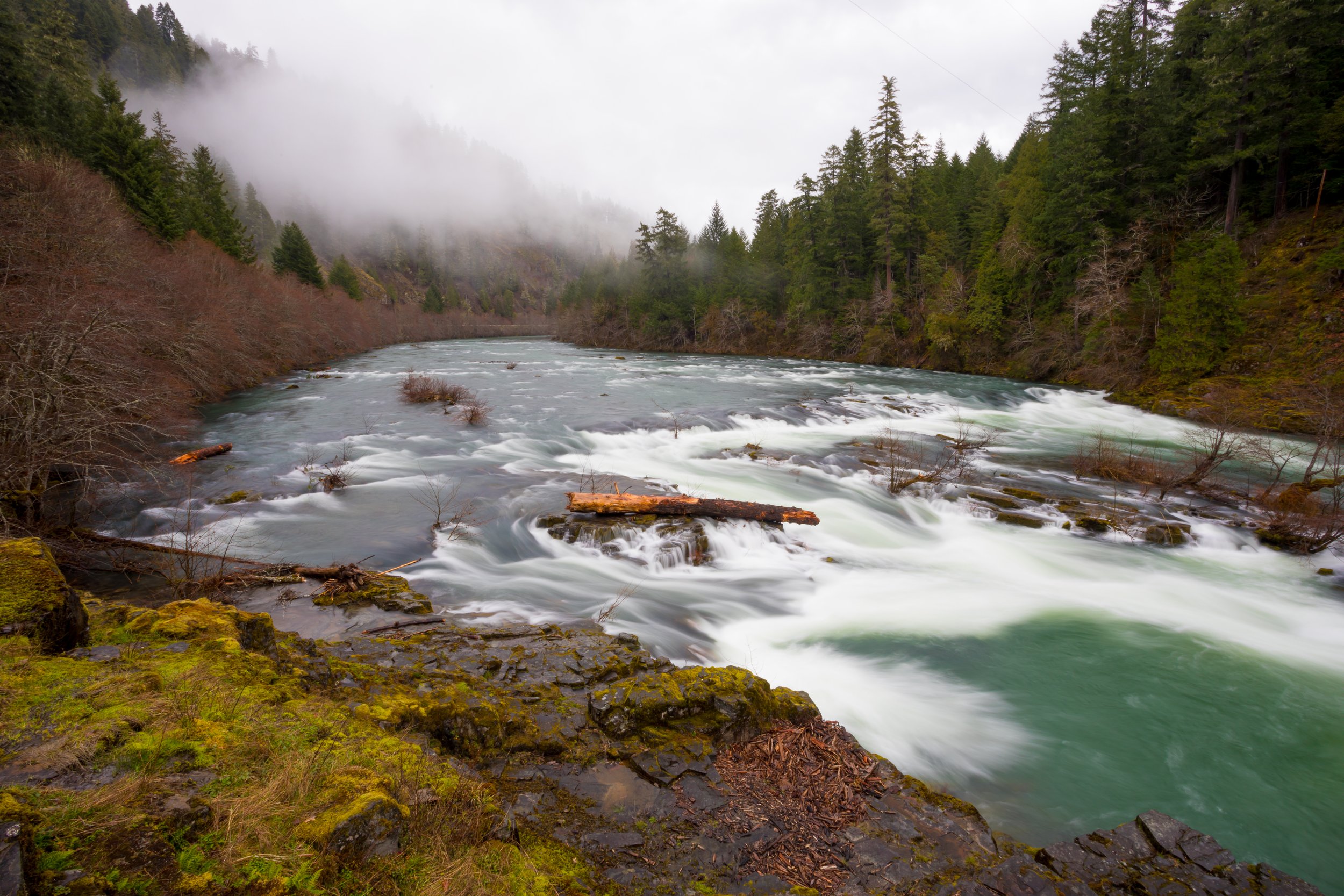 A flowing river through a forested landscape with foggy mountains in the background.