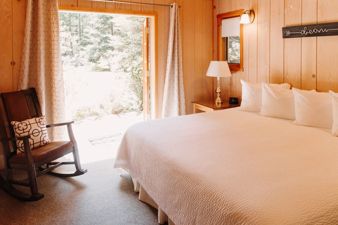 Cozy bedroom with a large bed, white bedding, wooden walls, a nightstand with a lamp, a small mirror, a wooden chair with a pillow, and a door opening to a sunny outdoor scene with trees.