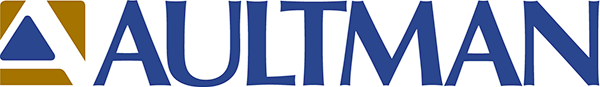 A logo for Aultman featuring the company name in blue text with a stylized gold and dark blue emblem.