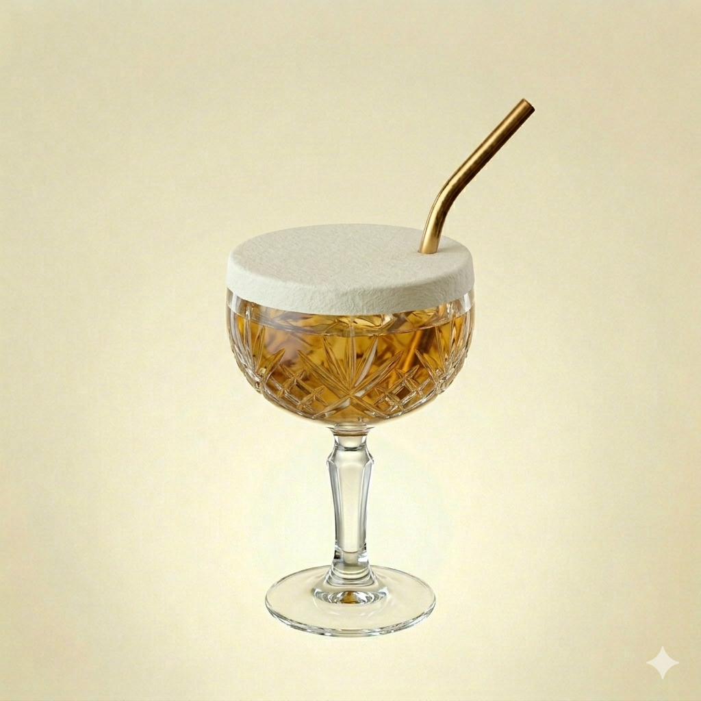 A vintage crystal glass filled with a golden-colored beverage, topped with a white foam lid and a gold-colored straw.