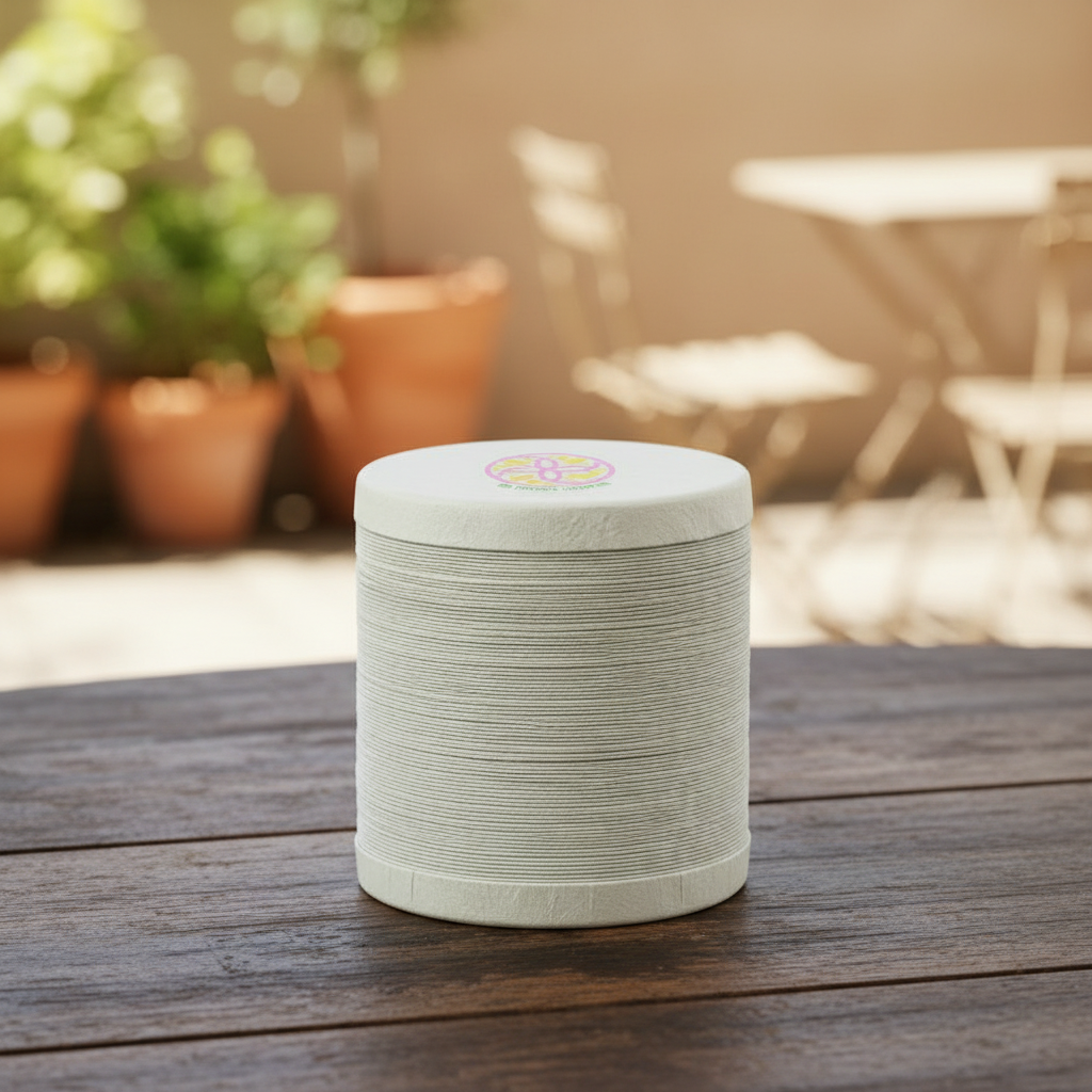 A white cylindrical container with a lid, placed on a wooden table outdoors, with potted plants and a table and chairs in the blurred background.