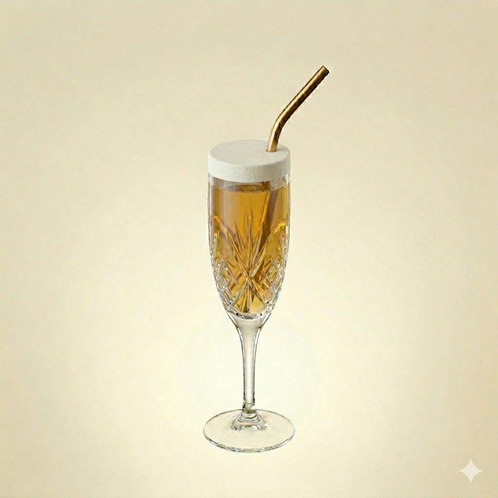 A crystal champagne flute with intricate cuts, filled with a golden-colored liquid, topped with a white circular lid, and a metallic straw inserted at an angle.