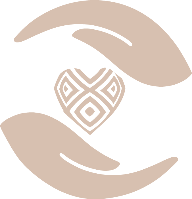 Stylized heart with tribal pattern, surrounded by abstract curved shapes resembling hands or leaves