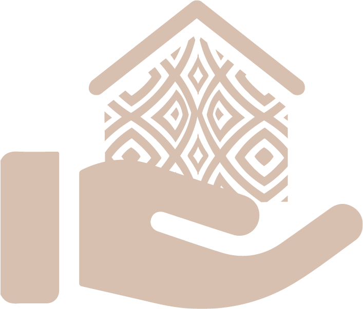A stylized graphic of a hand holding a house with a patterned roof.