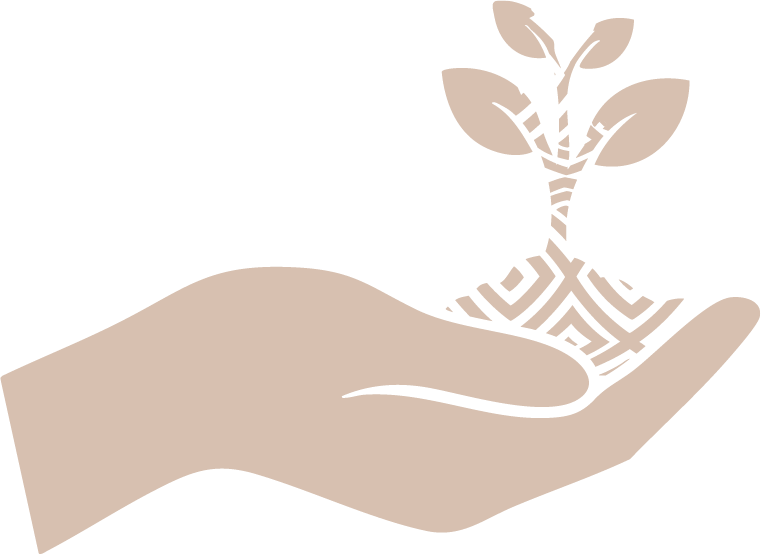A hand holding soil with a small sprouting plant growing from it.