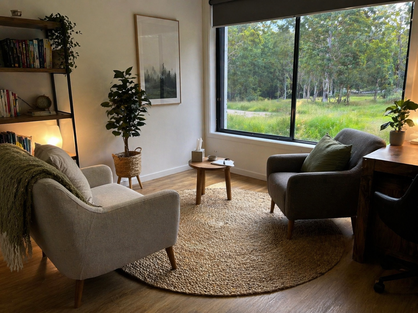 relaxing therapy room. Telehealth psychologist. Medicare rebates available.
