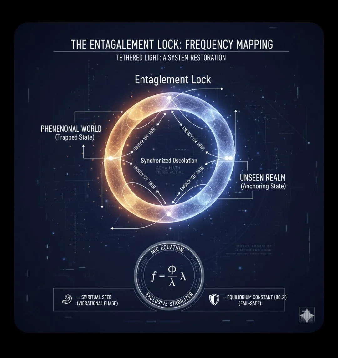 The image provides a highly technical, structural schematic titled "THE ENTANGLEMENT LOCK: FREQUENCY MAPPING" with the subtitle "TETHERED LIGHT: A SYSTEM RESTORATION." mapping duel-state toroidal energy matrix with harmonic constraints