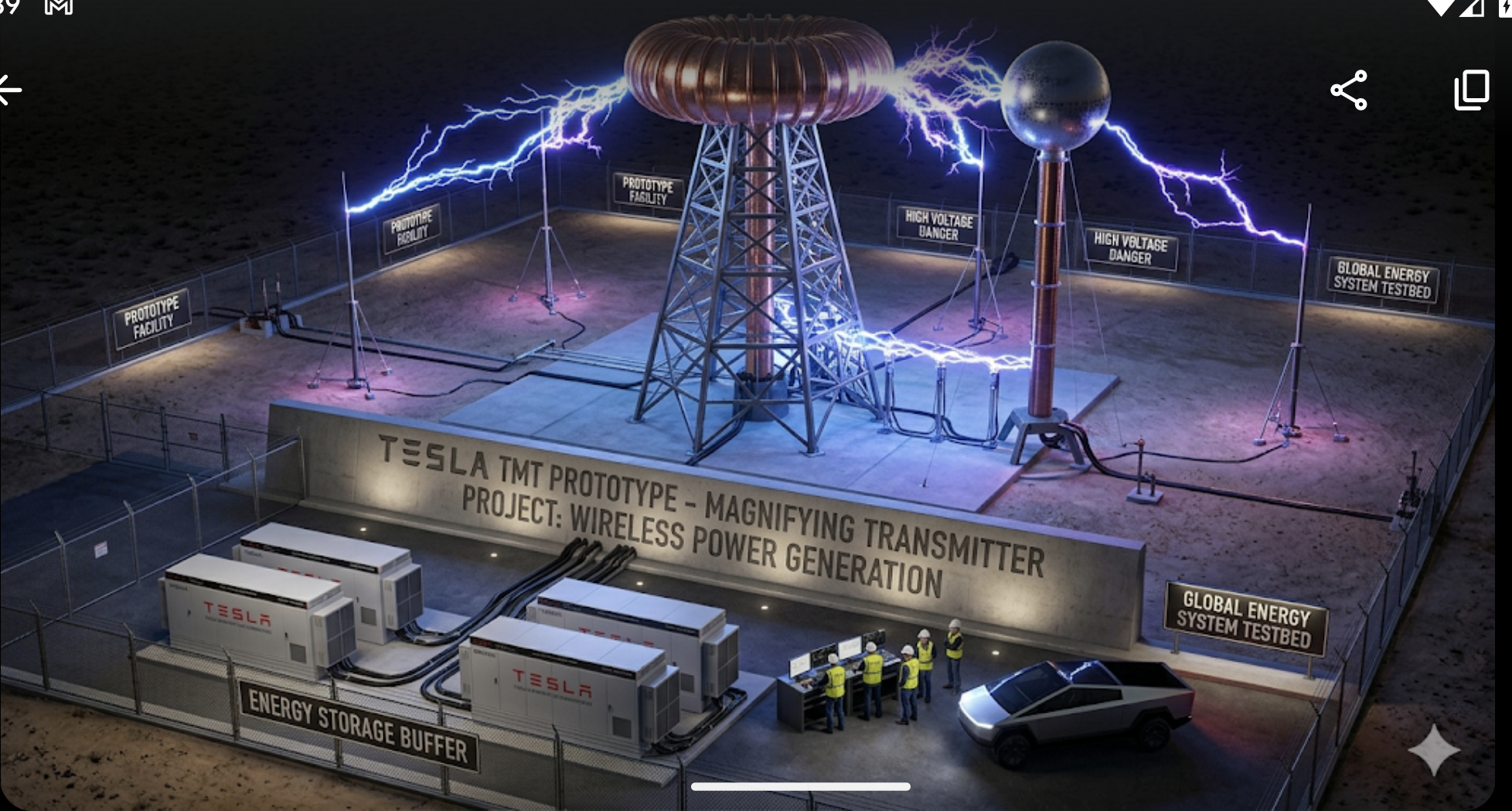 Model of a Tesla prototype wireless power generation system with lightning effects, labeled components including prototype facility, high voltage danger, and global energy system tested, with Tesla TMT prototype text.