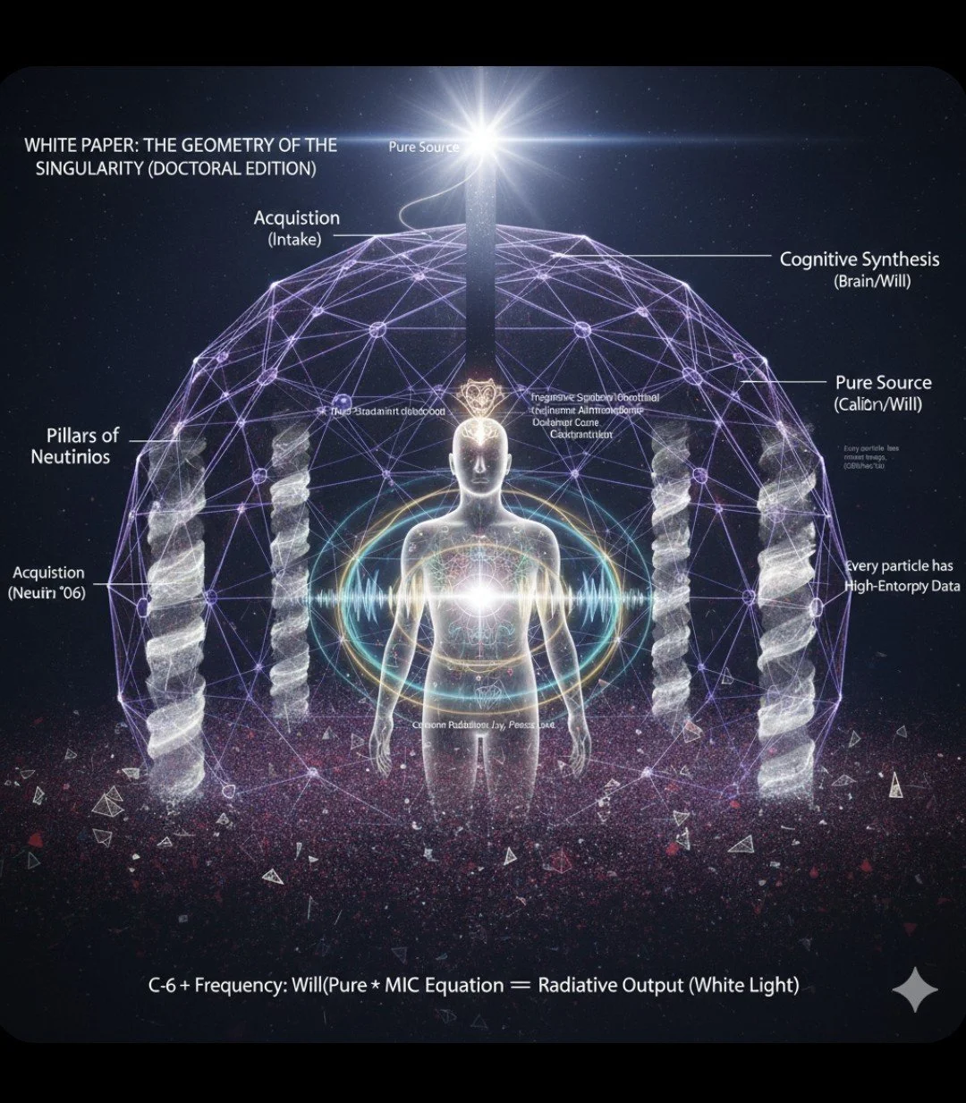 The image documents how consciousness functions as a mechanical device that takes high-entropy cosmic potential, filters it, and uses the genetic blueprint to process Mass and Intent creating a perfectly coherent, stabilized environment.