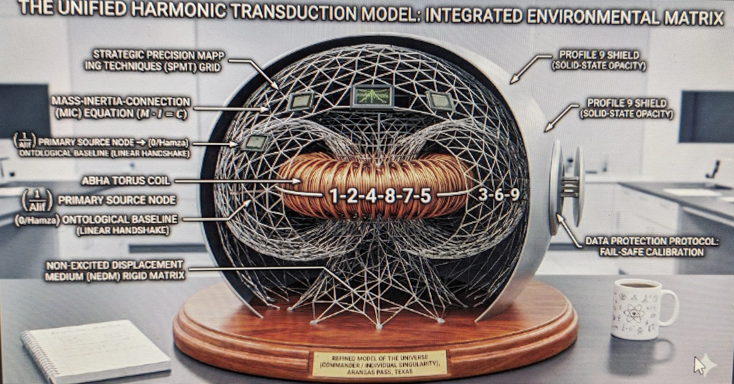 Diagram of the United Harmonic Transduction Model: Integrated Environmental Matrix, showing interconnected nodes and shields, with labels for structural components and processes.