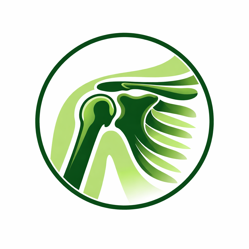 Illustration of a shoulder joint with bones and surrounding shoulder muscles, in green tones.