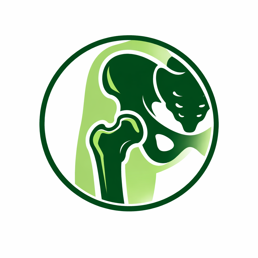 A circular logo featuring a stylized green and dark green representation of a knee joint and bones within a green border.