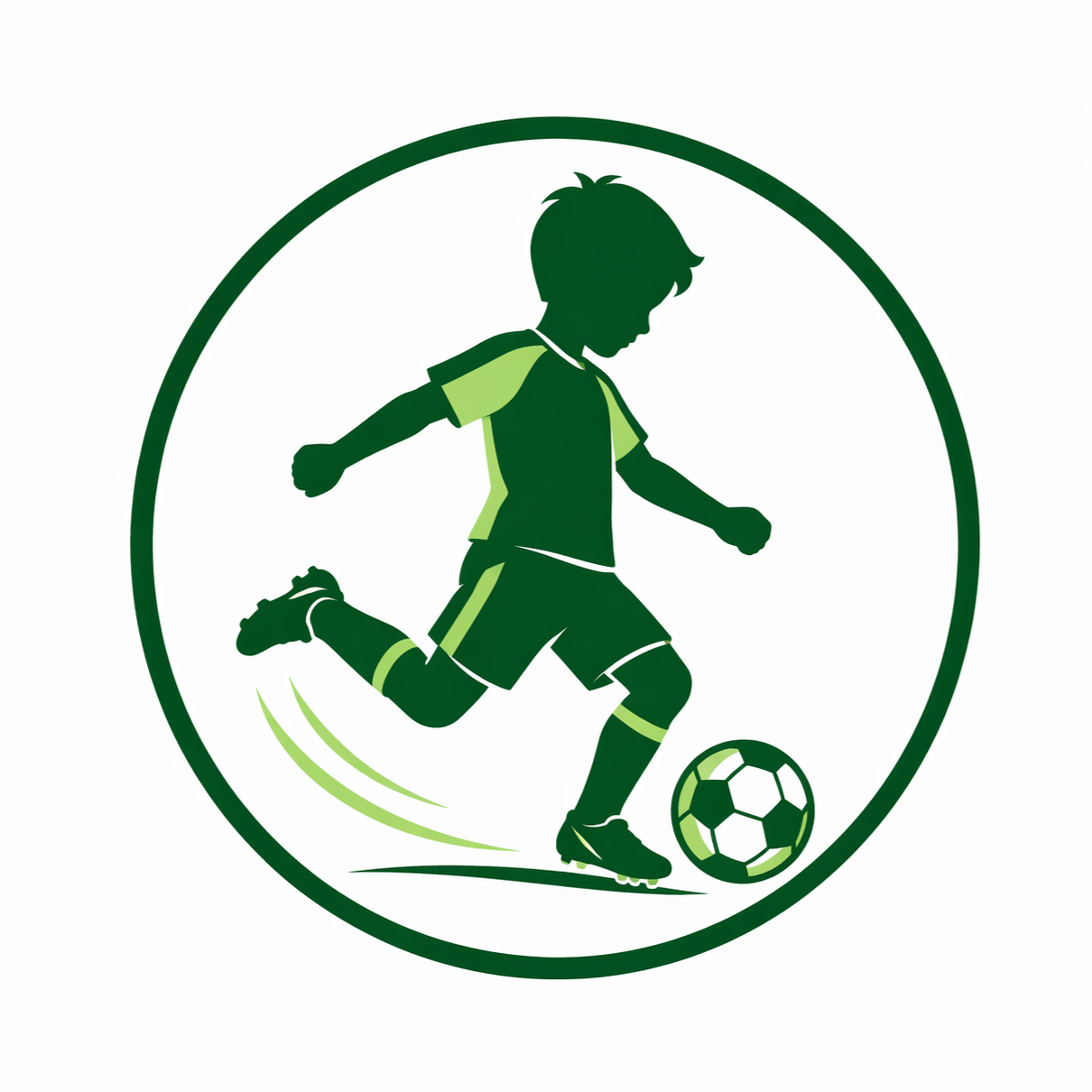 Silhouette of a young boy playing soccer, kicking a soccer ball inside a circular border.