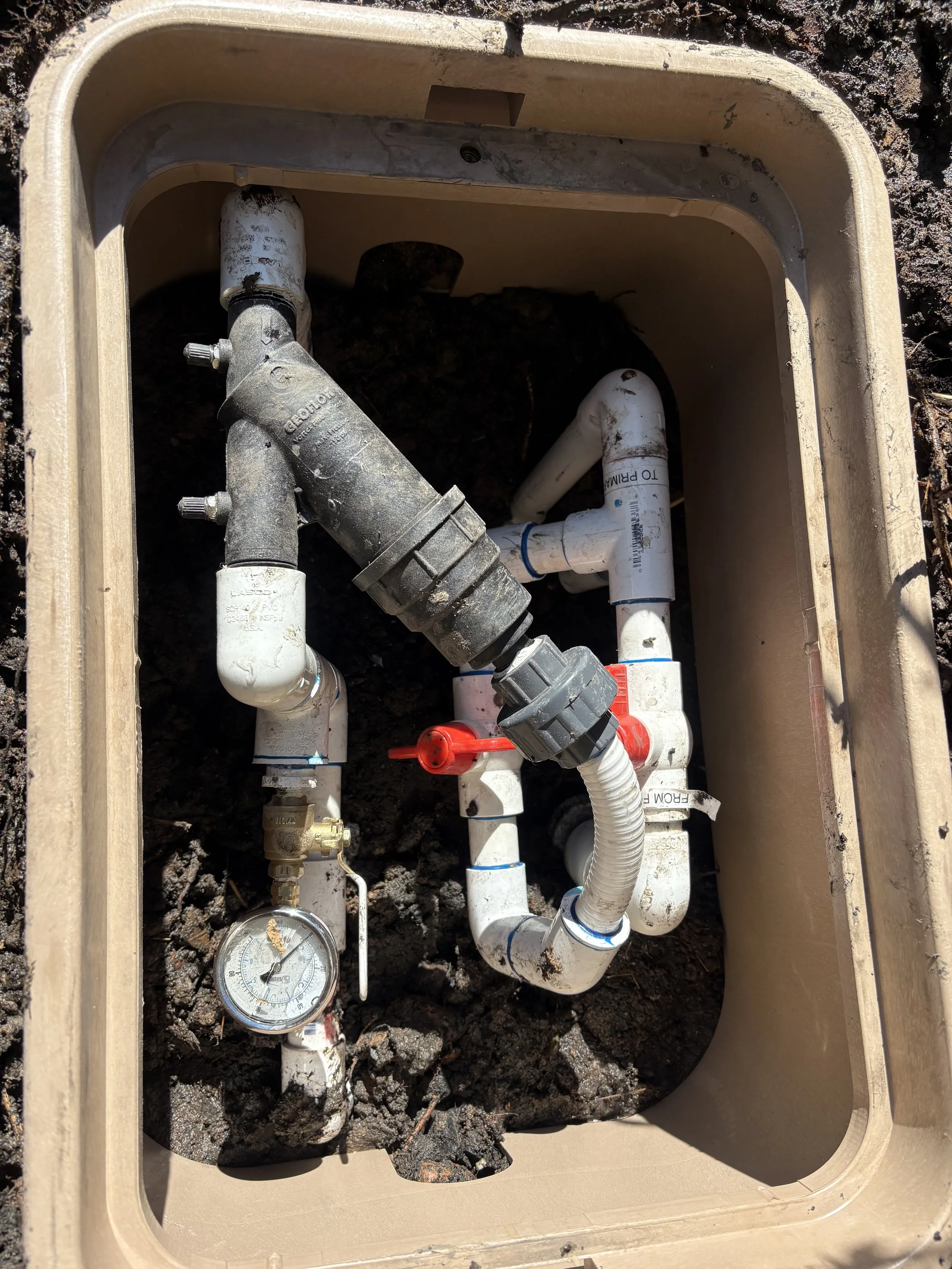 Open underground utility box with pipes, valves, and a pressure gauge inside, surrounded by soil.
