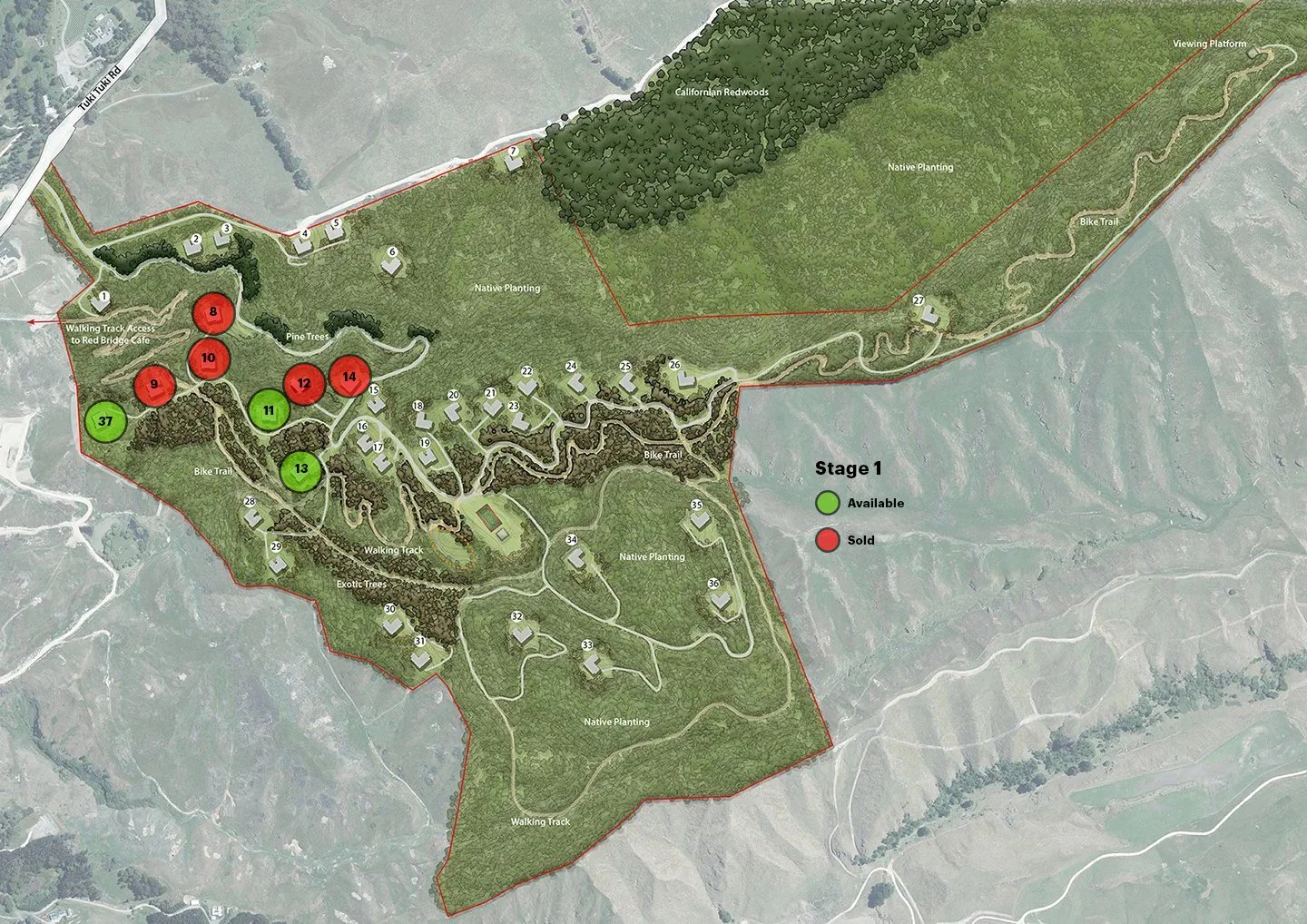 Te Weka, Hawke’s Bay, New Zealand, site map, showing stage 1 sold or available lots. Estate walking trails, bike trails, native plantings, and future stage 2 and 3 Lots.