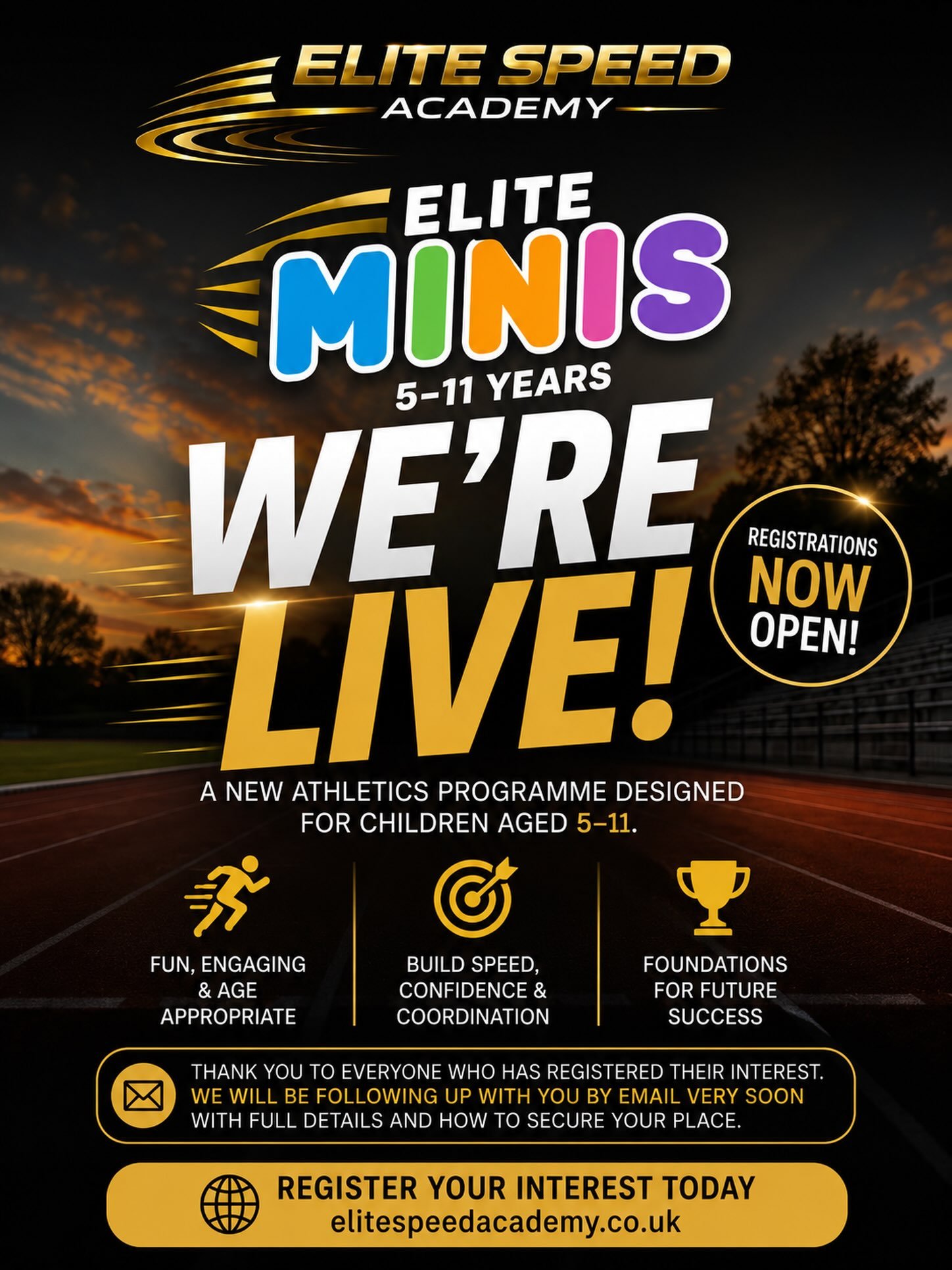⭐️ WE ARE NOW LIVE! ⭐️

Elite Minis is officially open for registrations! 

We&rsquo;re excited to welcome children aged 5&ndash;11 of all abilities to our brand-new athletics club at Grangemouth Stadium starting 9th of September. 

Whether your chil