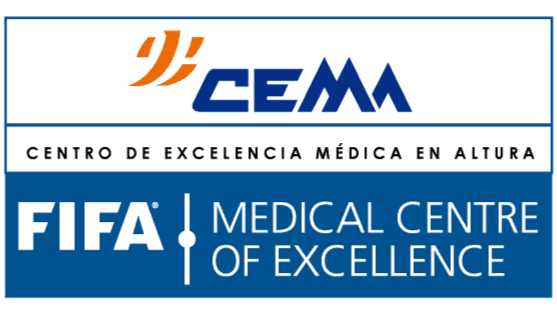 Logos de CEMA y FIFA con texto abajo que dice 'Centro de Excelencia Médica en Altura' y 'Medical Centre of Excellence'.