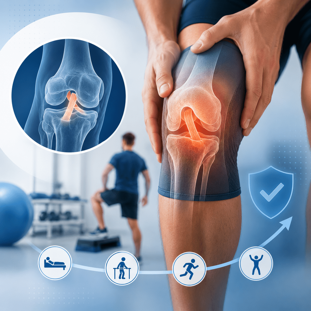 Ilustración de la rodilla con el ligamento cruzado anterior resaltado