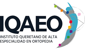 Logotipo del Instituto Queretano de Alta Especialidad en Ortopedia, con una figura abstracta de un hueso en colores rosa, azul y verde.